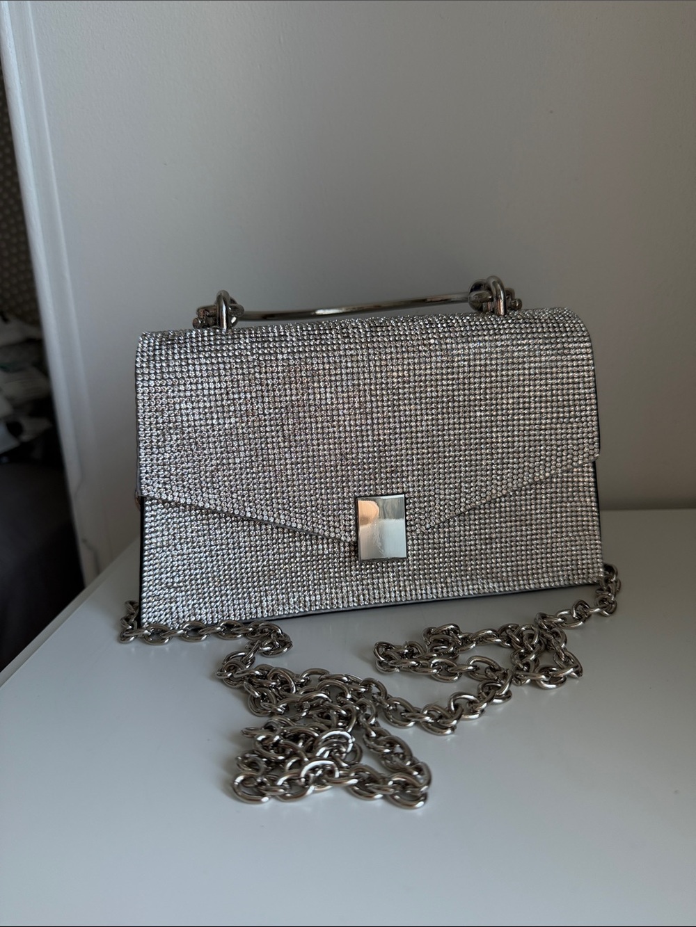 Aldo Silver Crystal Mini Crossbody Bag with Chain Strap